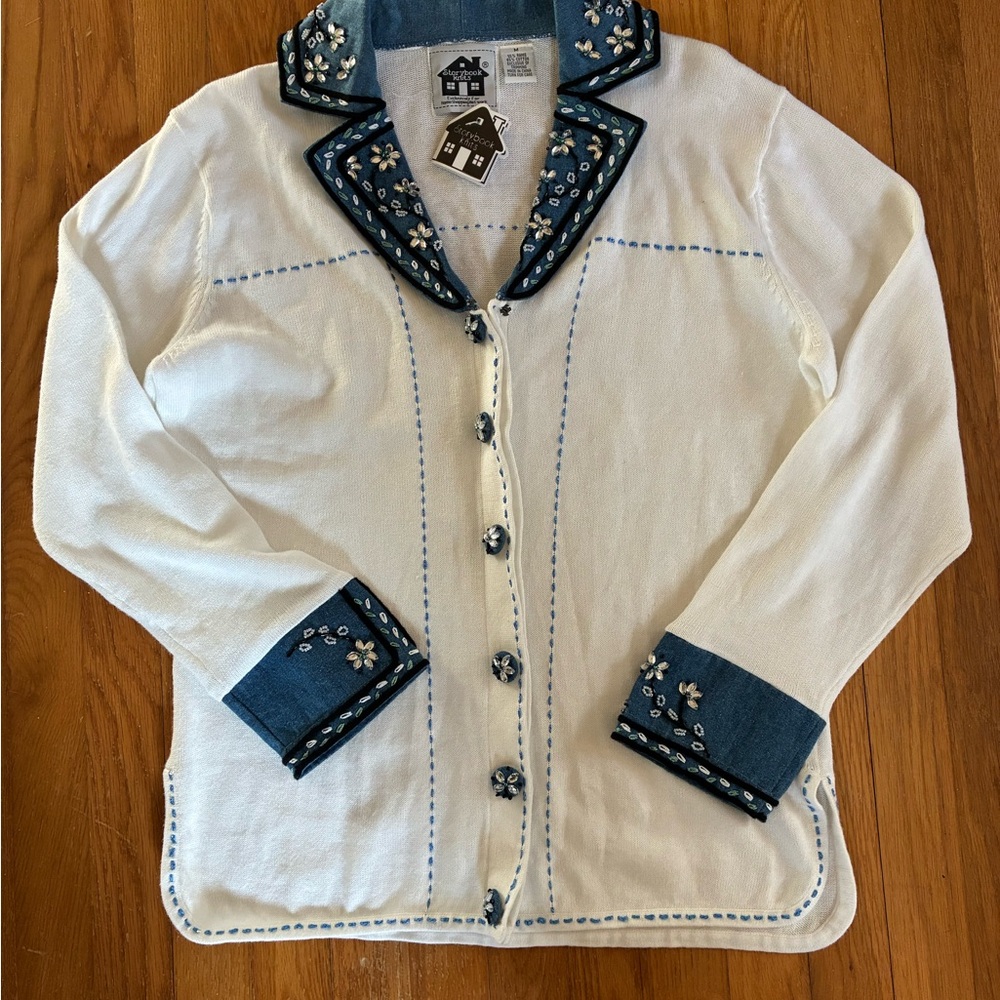 NWT Medium Storybook Knits White Cardigan with Blue Embroidery and Beading